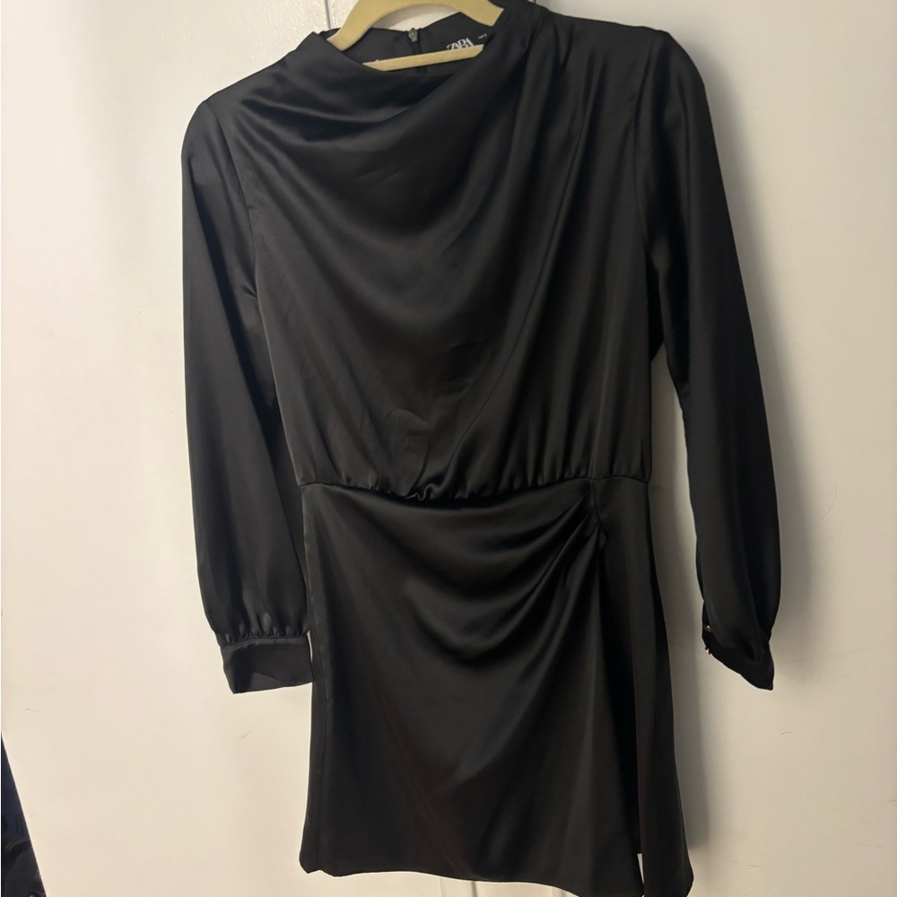 Zara Black Long Sleeve Draped Mini Dress